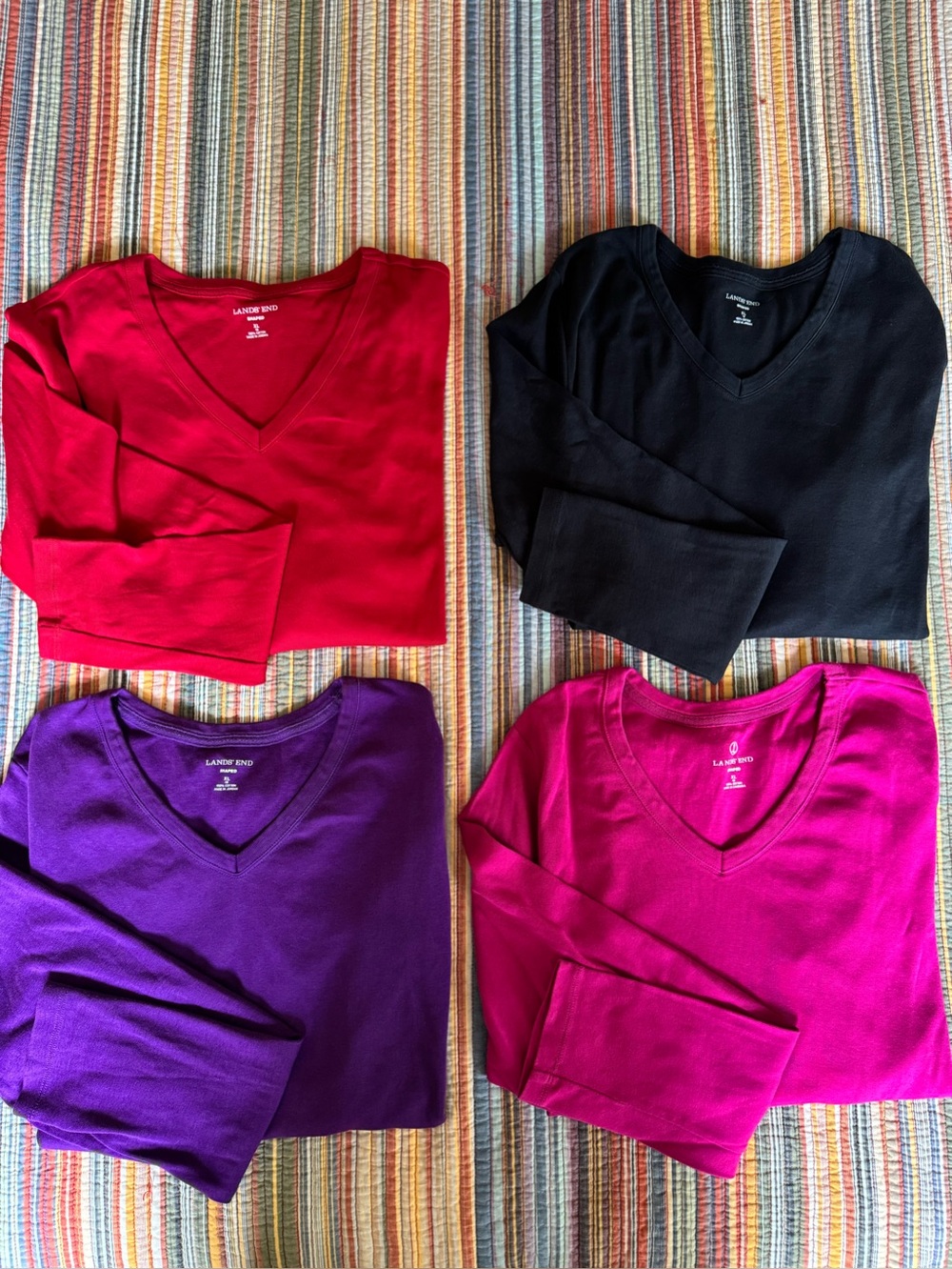 Set of 4 Lands' End Women's V-Neck long sleeve t-shirts XL red black pink purple